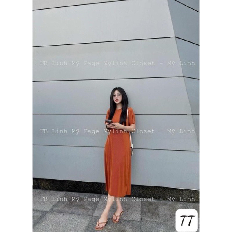 Đầm Xuông Tay Ngắn Chất Gân Tăm Lạnh Cổ Tròn