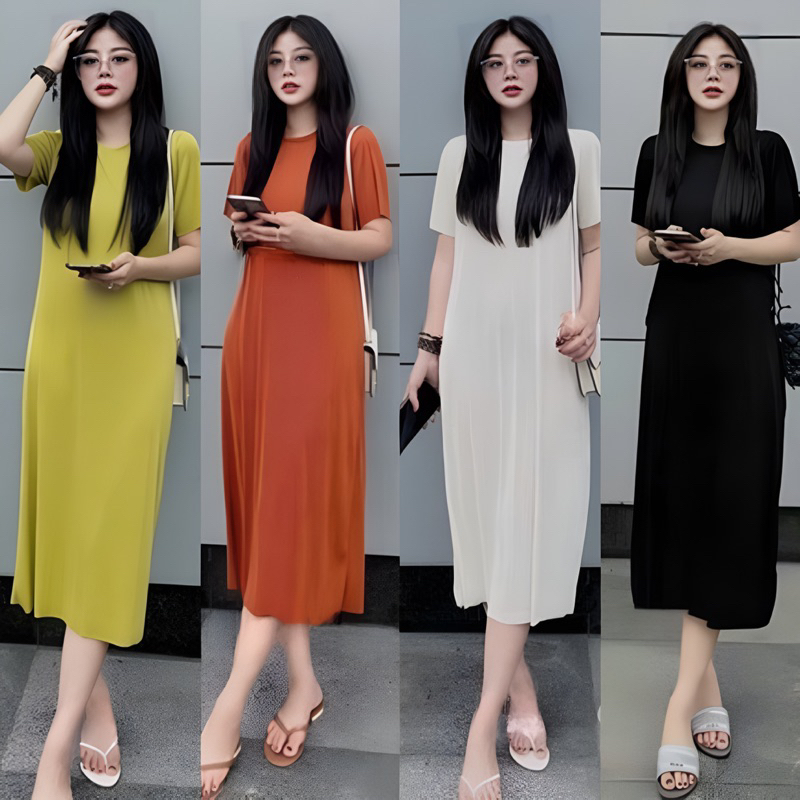 Đầm Xuông Tay Ngắn Chất Gân Tăm Lạnh Cổ Tròn