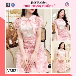V3521 Váy hồng dáng A cổ sen trắng tiểu thư váy hồng cổ nơ dáng A nữ tính
