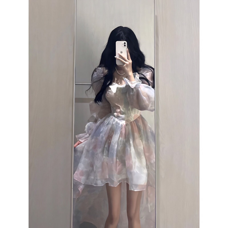 Đầm váy công chúa màu trời loang tà váy dài bồng bềnh FOOTMADE