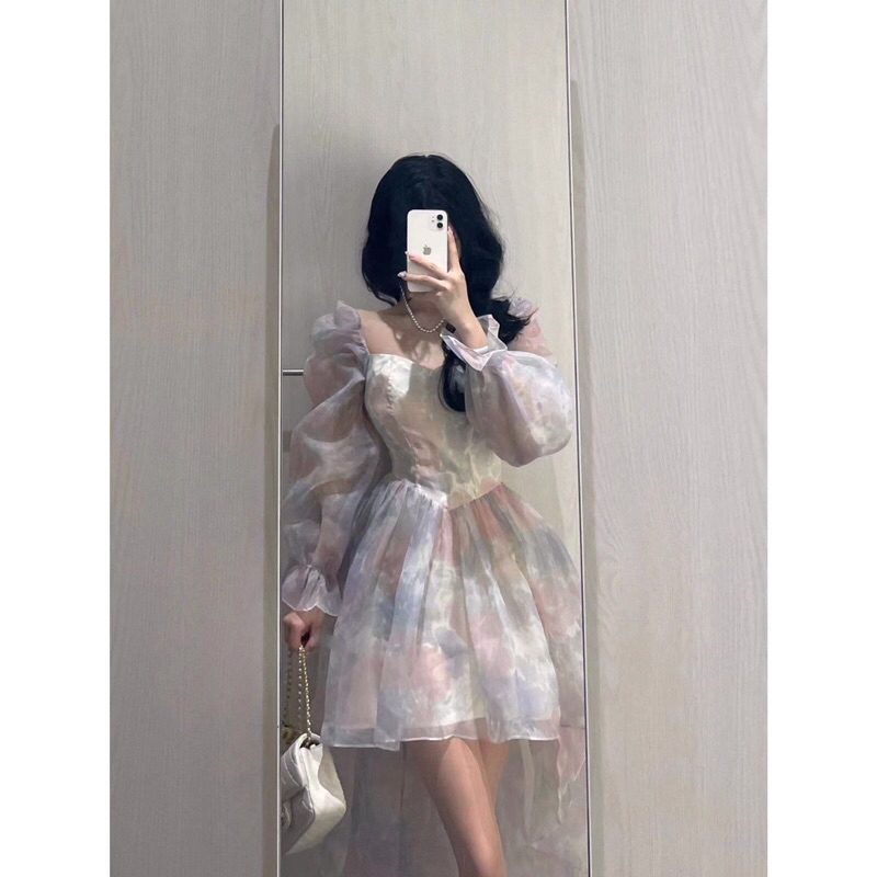 Đầm váy công chúa màu trời loang tà váy dài bồng bềnh FOOTMADE