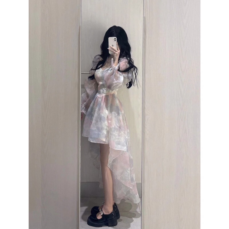 Đầm váy công chúa màu trời loang tà váy dài bồng bềnh FOOTMADE