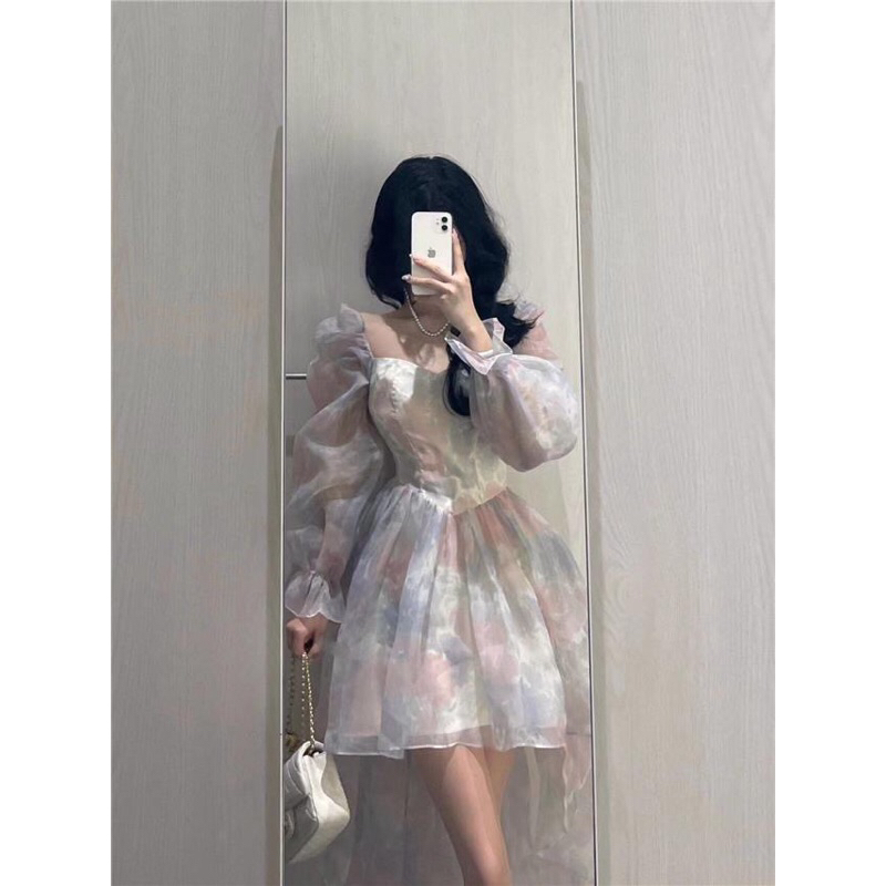 Đầm váy công chúa màu trời loang tà váy dài bồng bềnh FOOTMADE