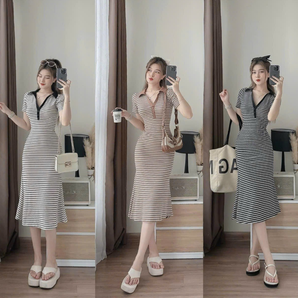 Váy body thun gân sọc dài kẻ 3 màu dáng xuông - đầm body có cổ
