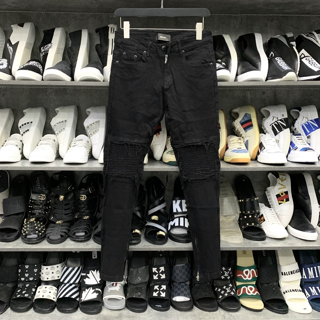 Quần jean bò nam slimfit Amiri đen gối rách xước vá vải nhăn phối khoá zip ống chân phong cách streetwear QJ18
