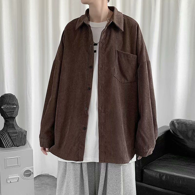 Áo sơ mi dài tay MENSWEAR, SƠ MI nam nữ dáng rộng cao cấp vải nhung tăm có túi trước ngực | BigBuy360 - bigbuy360.vn