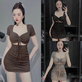 ĐẦM BODY CỔ VUÔNG TAY NGẮN BUỘC NƠ NGỰC HỞ SEXY