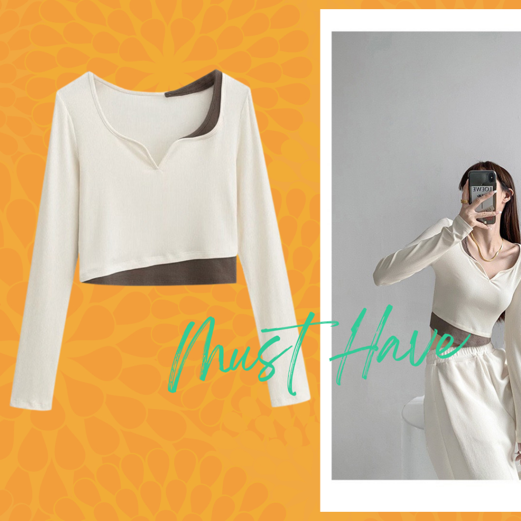 Áo croptop nữ Must Have tay dài thun gân tôn dáng, tạo điểm nhấn 2 màu áo
