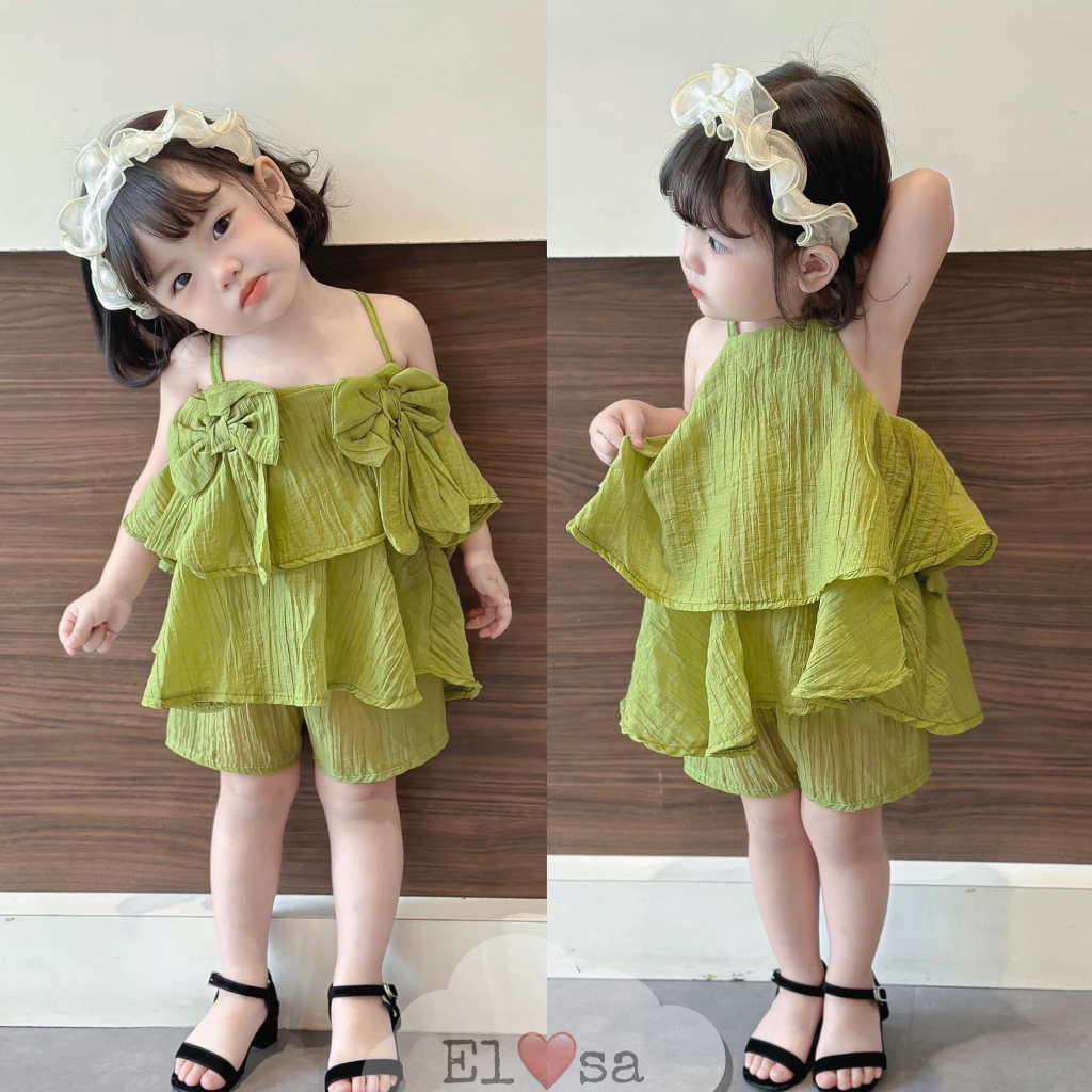 Quần Áo Bé Gái - Sét Bộ Đũi 2 Dây Đính Nơ Bánh Bèo Siêu Xinh cho bé gái 1 - 5 Tuổi