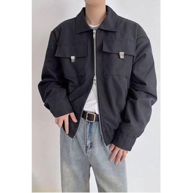 Áo khoác jacket vintage giản dị khoá 2 chiều 2 màu cho nam nữ 2023