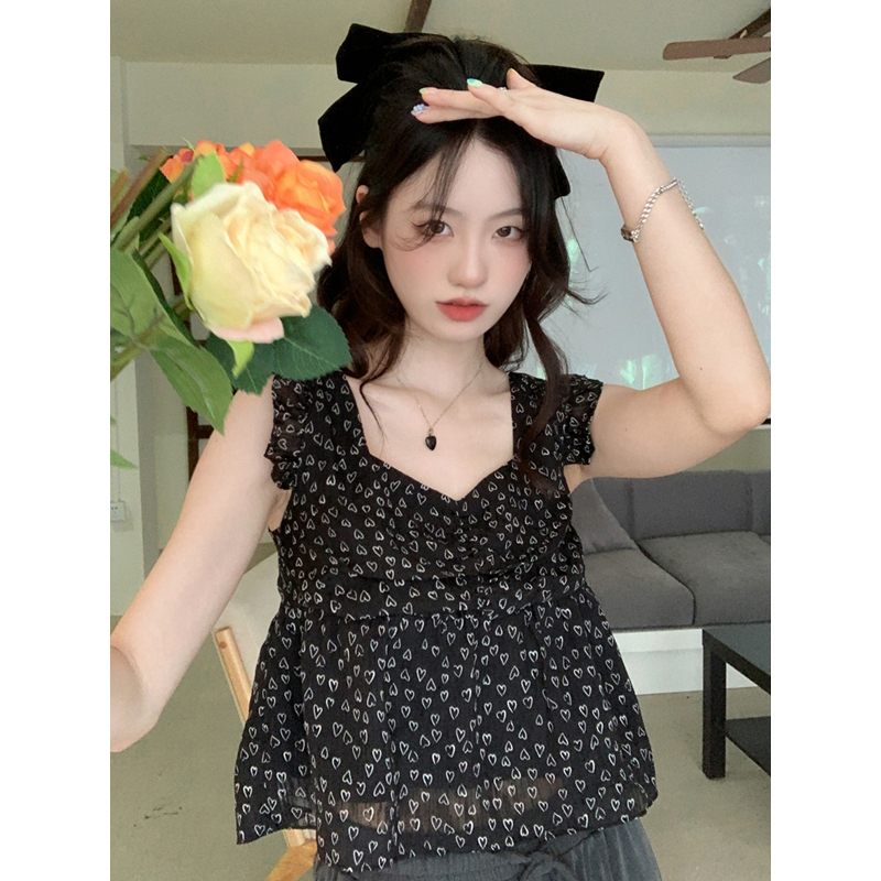 K. Style áo voan 2 dây bản to bánh bèo dáng crop top phong cách Hàn Quốc màu đen