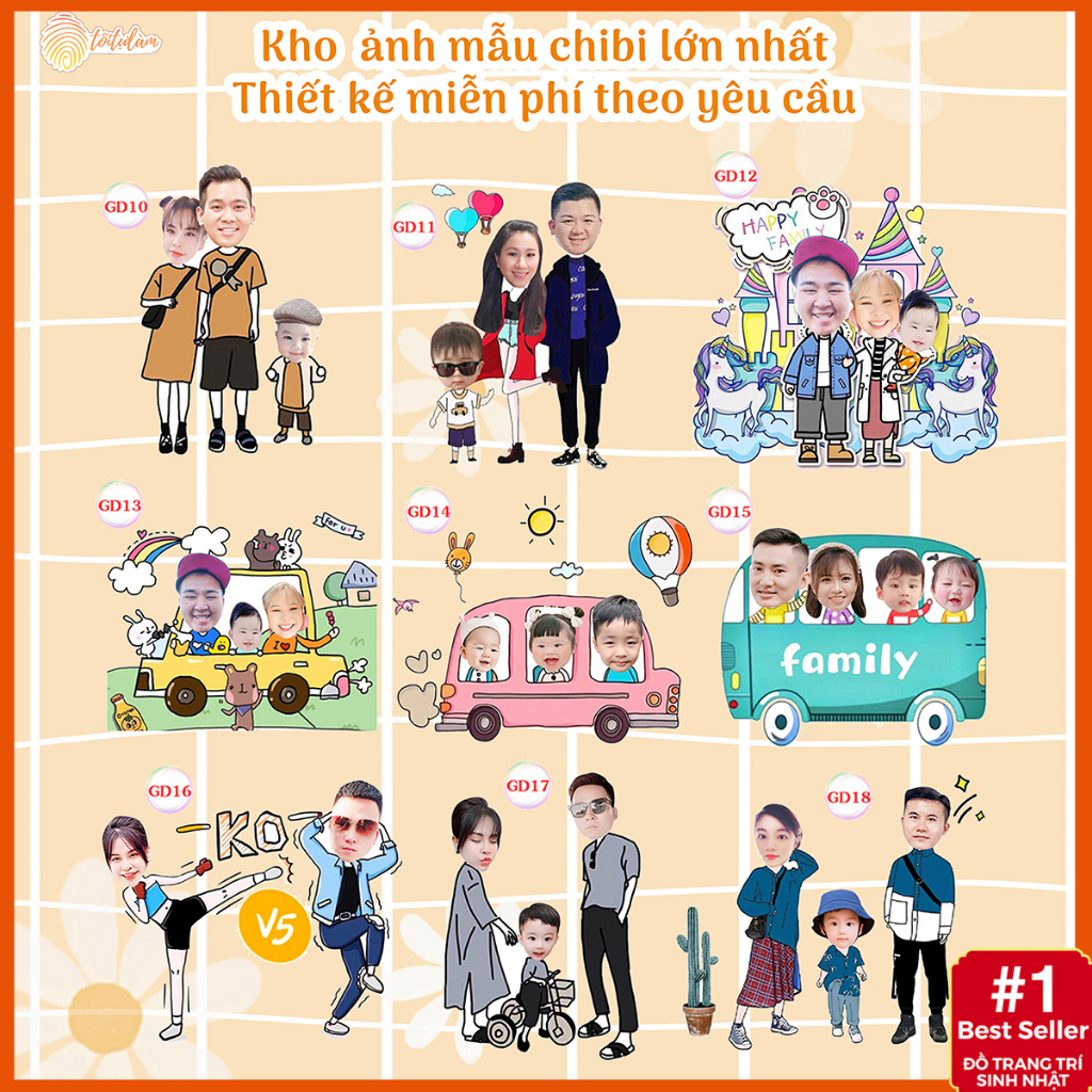 Chibi gia đình Toitulam trang trí sinh nhật thôi nôi đầy tháng cho bé