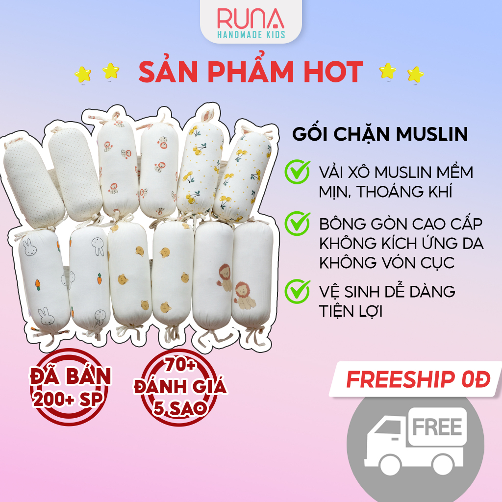 Gối chặn cho bé RUNA KIDS chất liệu vải Muslin cao cấp siêu mềm mịn, thoáng khí, giúp bé ngủ ngon