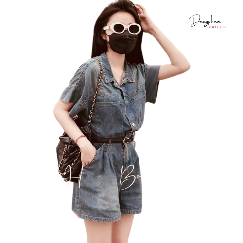 Jumpsuit denim ngắn tay quần soooc ống rộng kèm đai hàng QC - Dungpham.Boutique