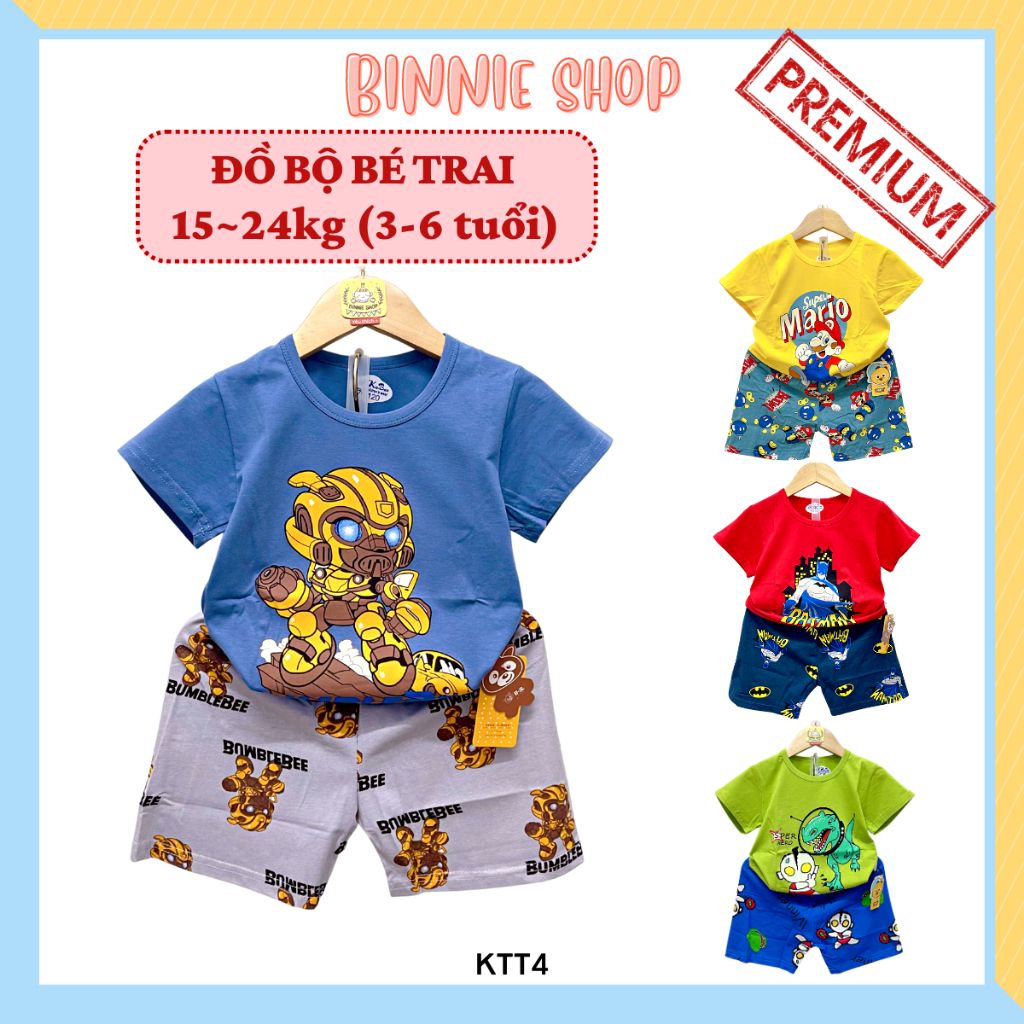 Đồ bộ cho bé trai 15-24kg (3-6 tuổi) chất vải cotton mịn mát Set bộ thun hoạt hình siêu nhân khủng long BINNIE SHOP KTT4