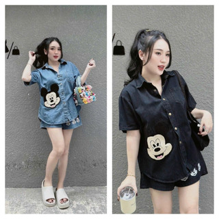 Set áo sơ mi jeans 1 túi mickey quần short 2 màu - FN97