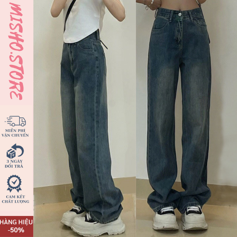 Quần jean nữ ống suông rộng cạp cao MISHO,quần bò jeans nữ đen ống rộng phong cách Retro Ulzzang 2023