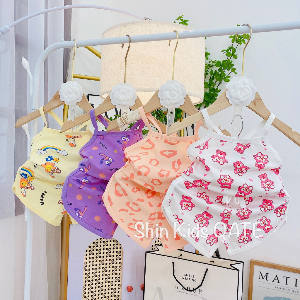 Size Nhí (6-18kg) Set 2 Dây Chất Cotton Co Giãn 4c In Hình Gấu Dâu Dễ Thương Dành Cho Bé Gái