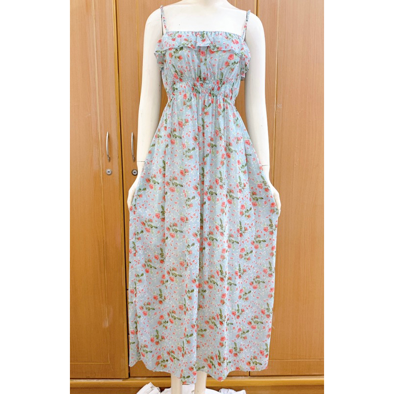 Đầm 2hand Maxi 2 dây dáng dài hoa hồng freesize