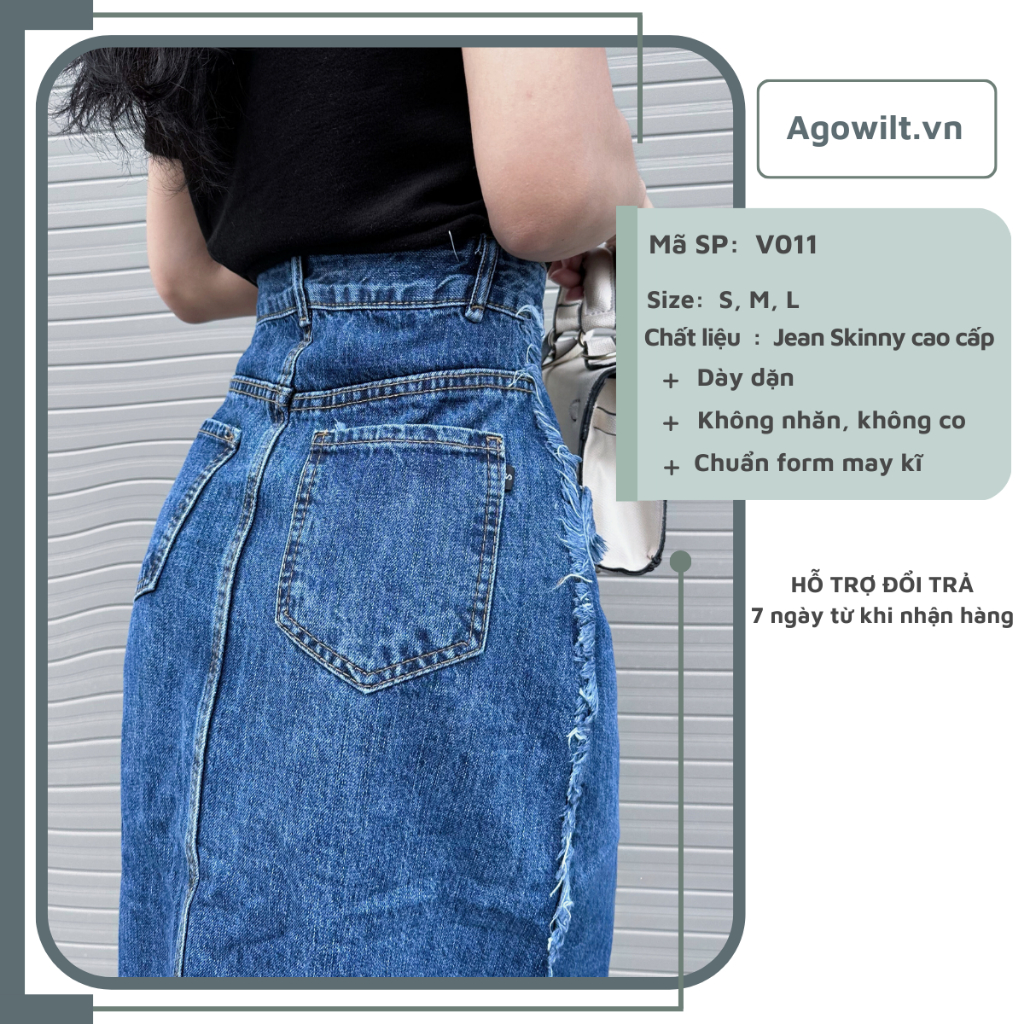 Chân Váy Dài Jean Lưng Cao Dáng Chữ A Tua Rua Độc Đáo, Váy Bò Dài Cạp Cao -Agowilt V011