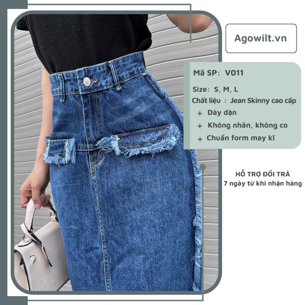Chân Váy Dài Jean Lưng Cao Dáng Chữ A Tua Rua Độc Đáo, Váy Bò Dài Cạp Cao -Agowilt V011
