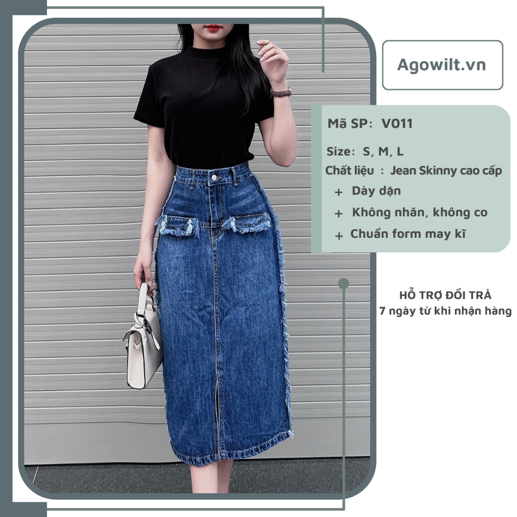 Chân Váy Dài Jean Lưng Cao Dáng Chữ A Tua Rua Độc Đáo, Váy Bò Dài Cạp Cao -Agowilt V011