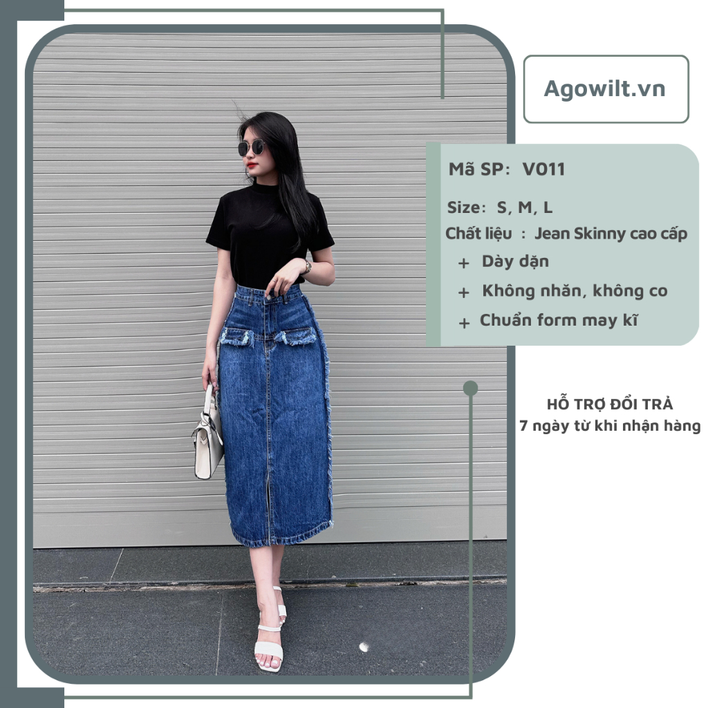 Chân Váy Dài Jean Lưng Cao Dáng Chữ A Tua Rua Độc Đáo, Váy Bò Dài Cạp Cao -Agowilt V011