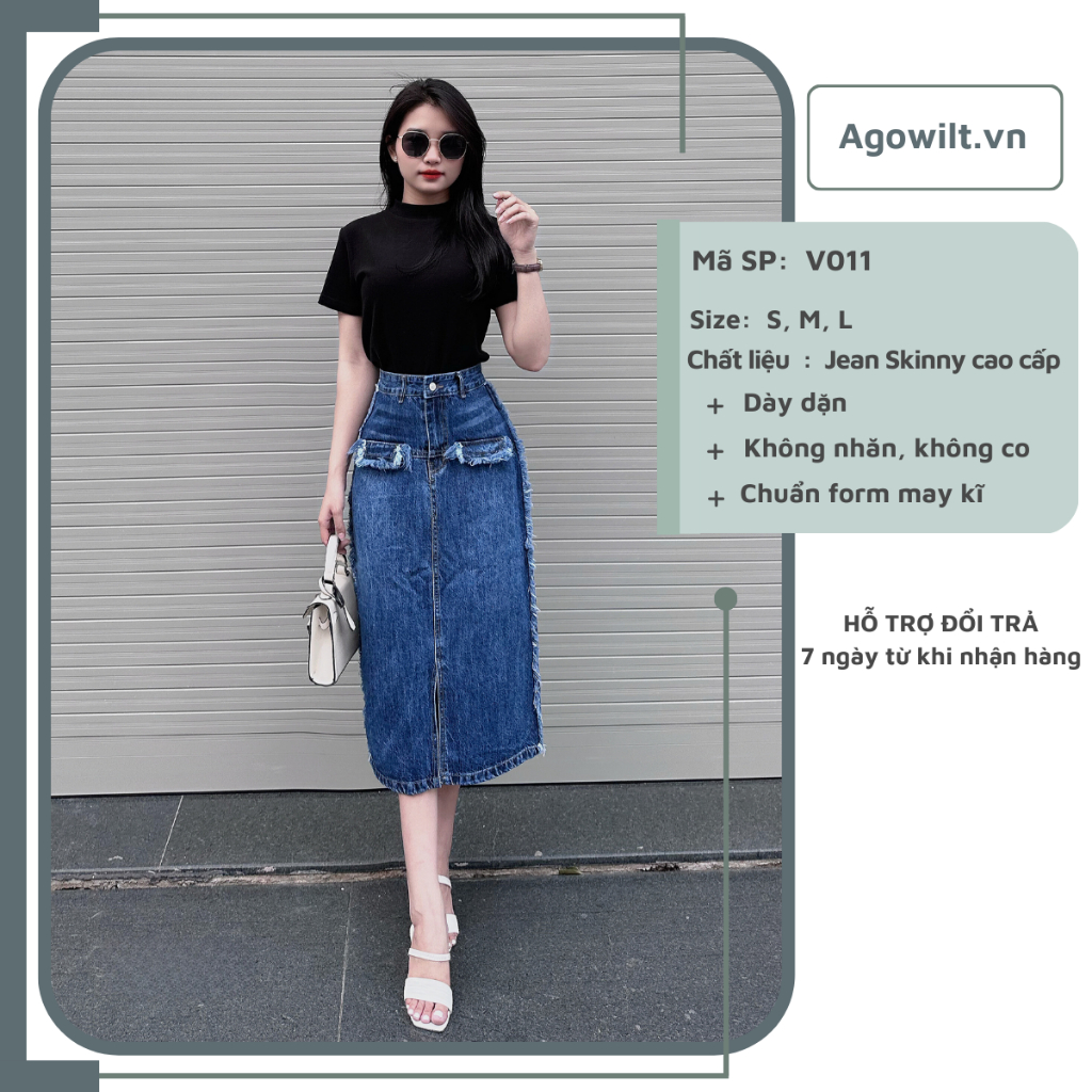 Chân Váy Dài Jean Lưng Cao Dáng Chữ A Tua Rua Độc Đáo, Váy Bò Dài Cạp Cao -Agowilt V011
