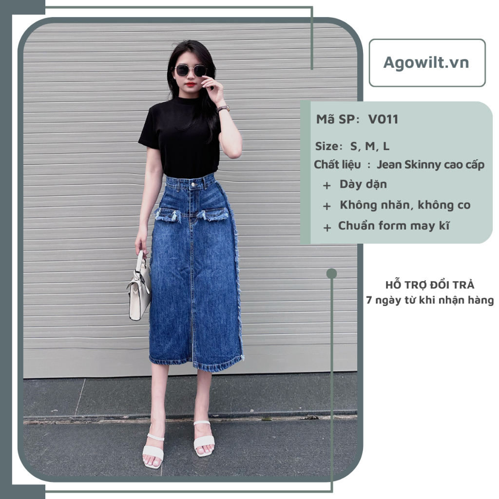 Chân Váy Dài Jean Lưng Cao Dáng Chữ A Tua Rua Độc Đáo, Váy Bò Dài Cạp Cao -Agowilt V011