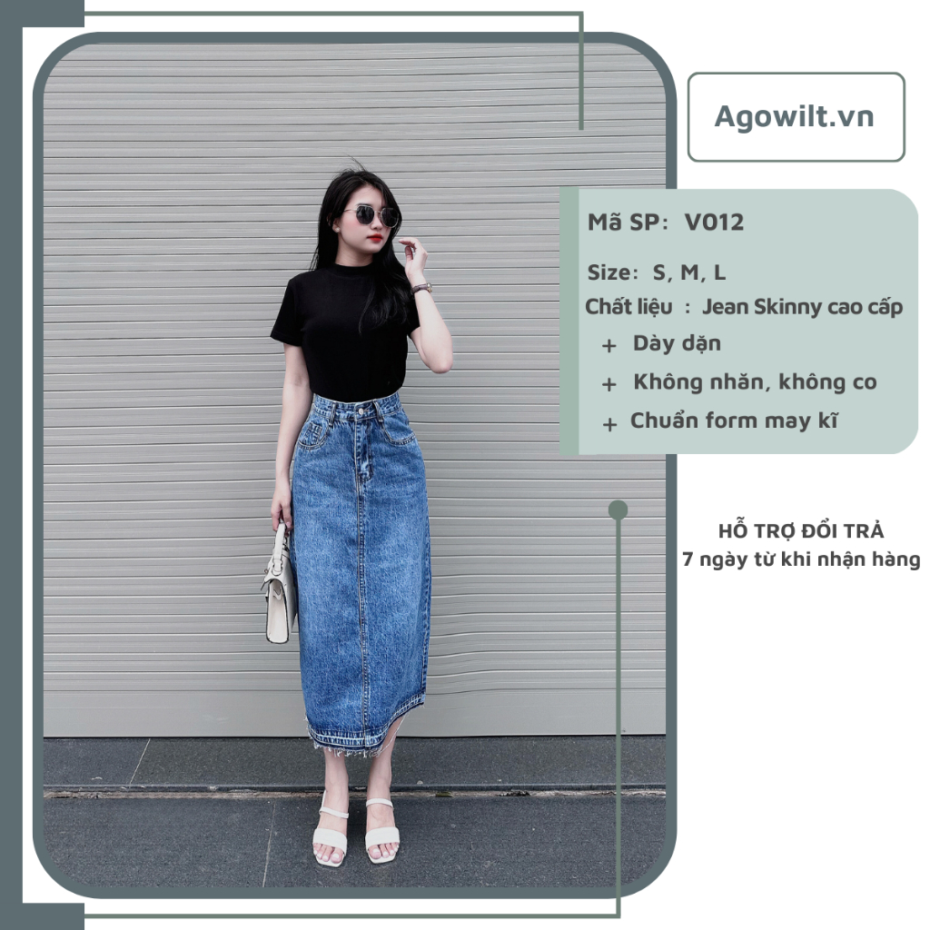 Chân Váy Jean Dài Cạp Cao Xẻ Giữa Phong Cách, Váy Jean Dáng Dài Thanh Lịch Thiết Kế Trẻ Trung Siêu Hot -Agowilt V012