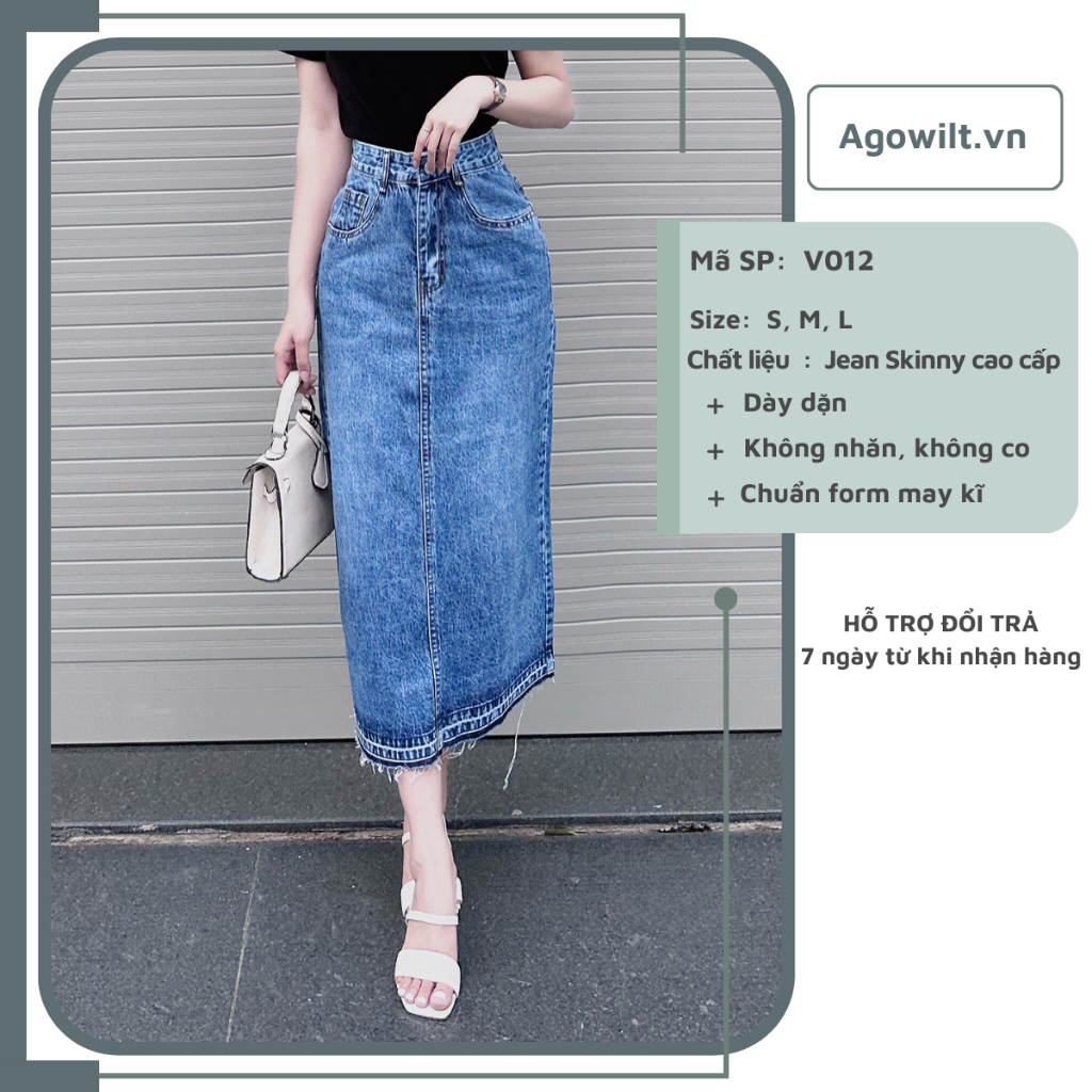 Chân Váy Jean Dài Cạp Cao Xẻ Giữa Phong Cách, Váy Jean Dáng Dài Thanh Lịch Thiết Kế Trẻ Trung Siêu Hot -Agowilt V012