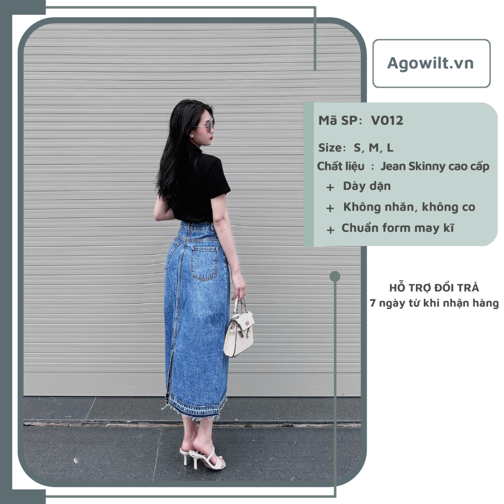 Chân Váy Jean Dài Cạp Cao Xẻ Giữa Phong Cách, Váy Jean Dáng Dài Thanh Lịch Thiết Kế Trẻ Trung Siêu Hot -Agowilt V012