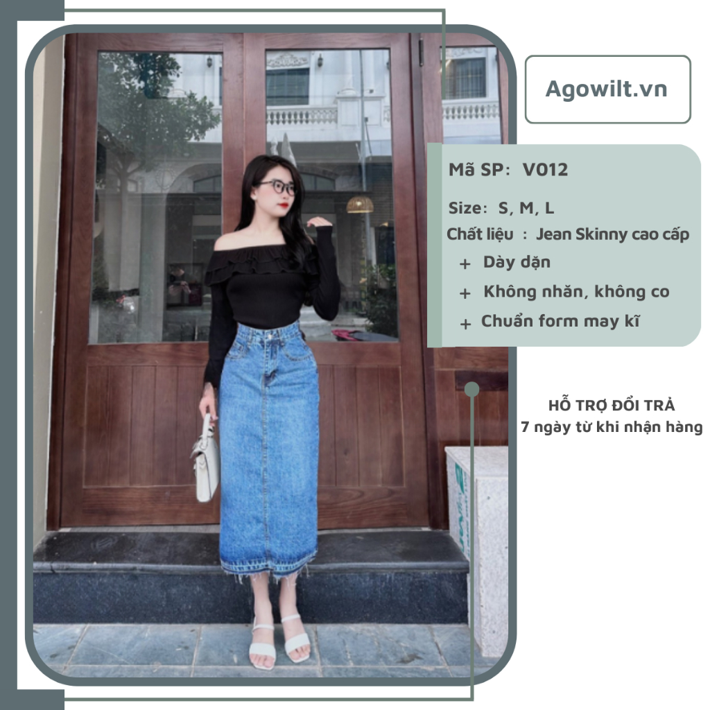 Chân Váy Jean Dài Cạp Cao Xẻ Giữa Phong Cách, Váy Jean Dáng Dài Thanh Lịch Thiết Kế Trẻ Trung Siêu Hot -Agowilt V012