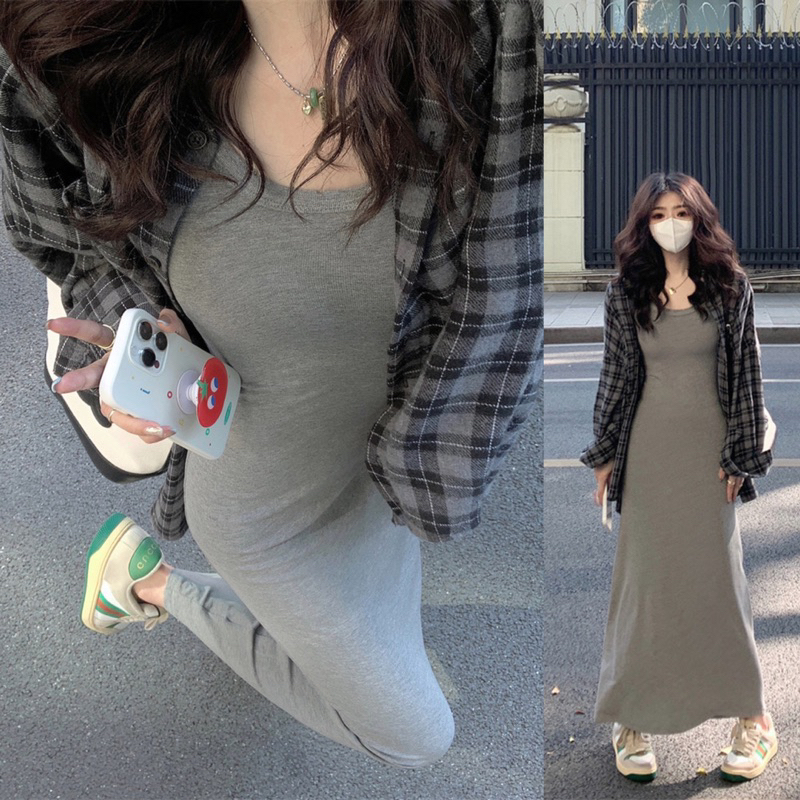 Set váy đầm ba lỗ body dáng dài basic thun gân co giãn sexy + áo khoác sơ mi kẻ caro dáng rộng oversize đi biển Yannie