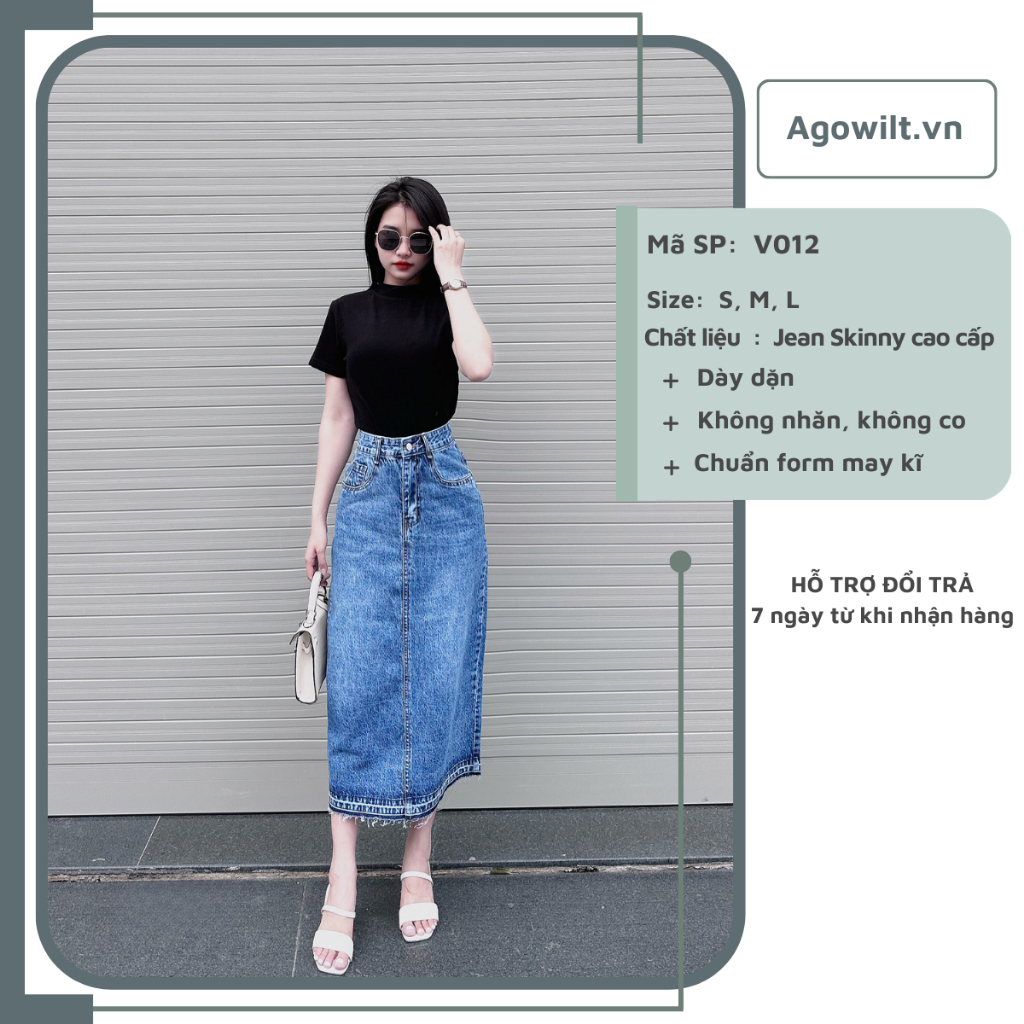 Chân Váy Jean Dài Cạp Cao Xẻ Giữa Phong Cách, Váy Jean Dáng Dài Thanh Lịch Thiết Kế Trẻ Trung Siêu Hot -Agowilt V012