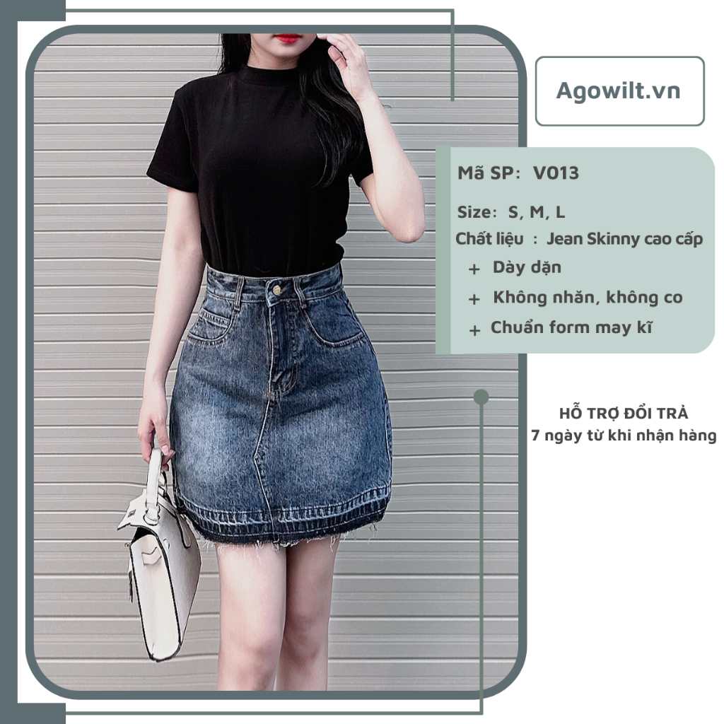 Chân Váy Jeans Ngắn Chữ A Lưng Cao, Váy Bò Túi Tròn Ảnh Thật Shop Tự Chụp -Agowilt V013