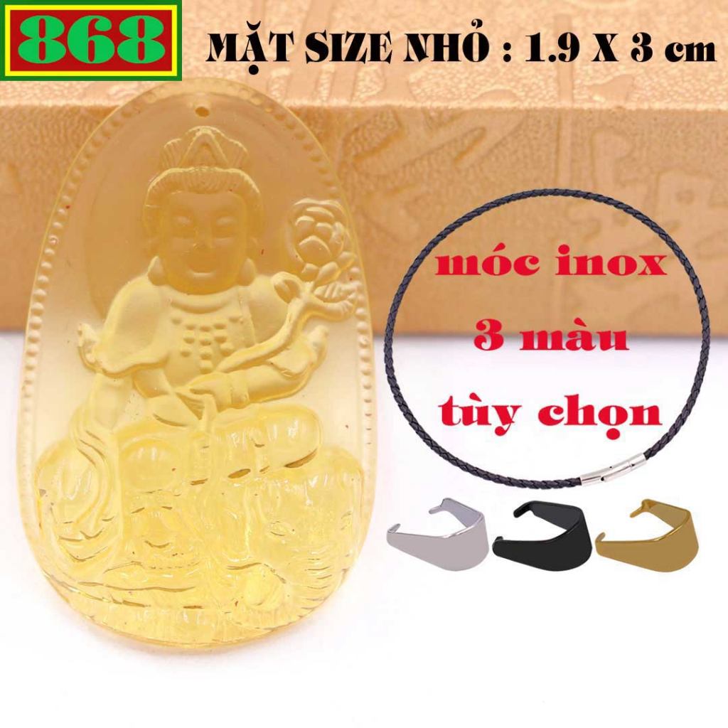Mặt Phật Phổ hiền pha lê vàng 3 cm, 5 cm kèm vòng cổ dây da đen + móc inox, Phật bản mệnh, mặt dây chuyền