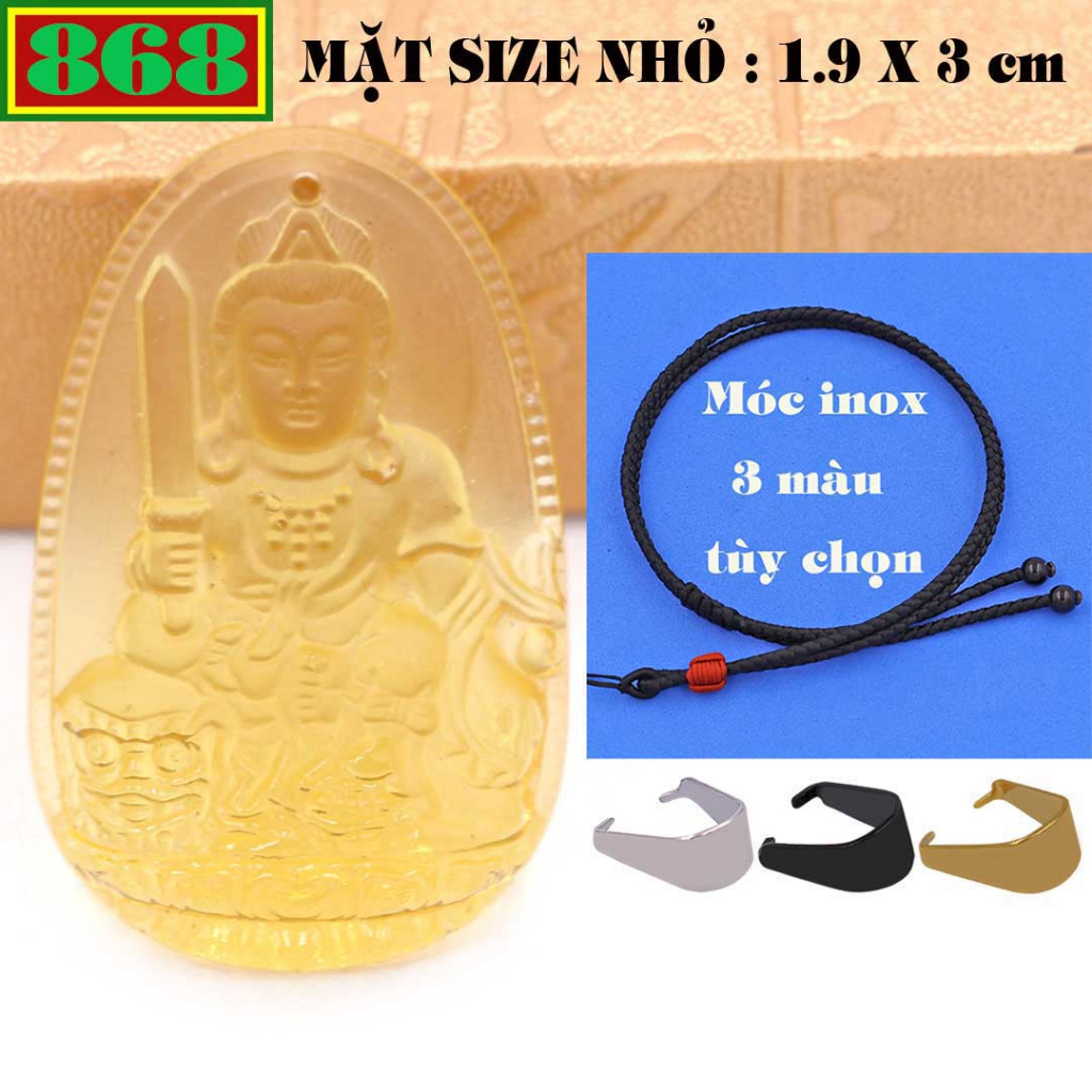 Mặt Phật Văn thù pha lê vàng 3 cm, 5 cm kèm vòng cổ dây dù đen + móc inox, Phật bản mệnh, mặt dây chuyền