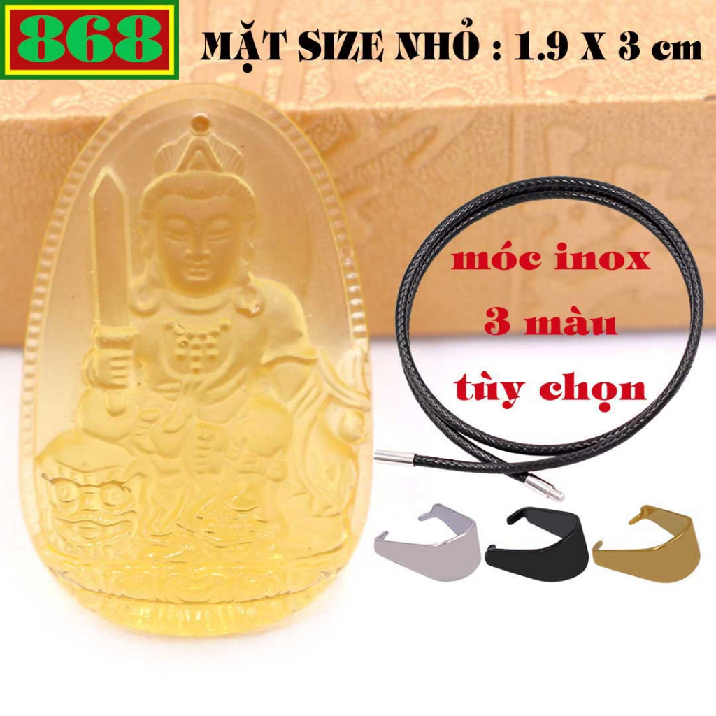 Mặt Phật Văn thù pha lê vàng 3 cm, 5 cm kèm vòng cổ dây cao su đen + móc inox, Phật bản mệnh, mặt dây chuyền