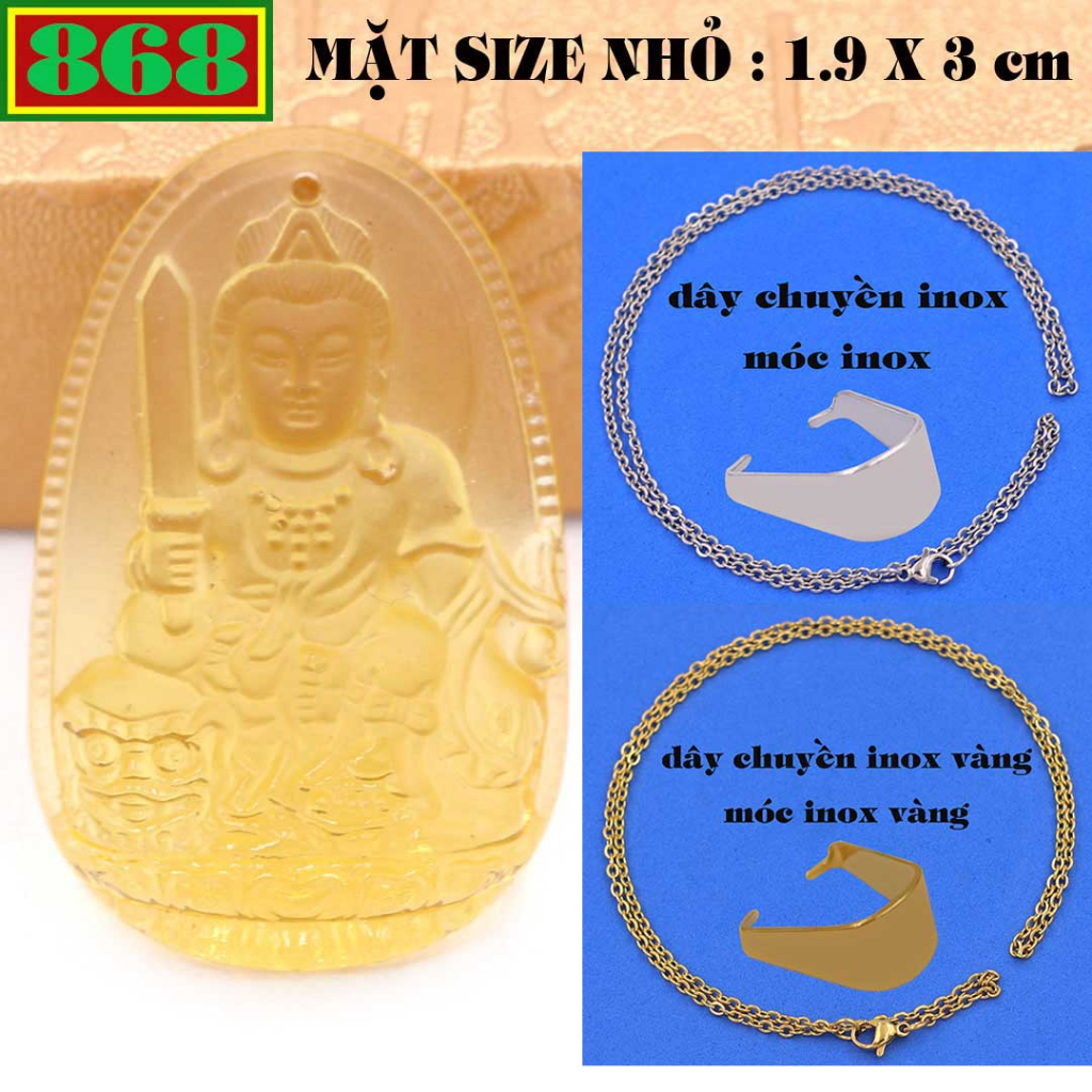 Mặt Phật Văn thù pha lê vàng 3 cm, 5 cm kèm vòng cổ dây chuyền inox + móc inox, Phật bản mệnh, mặt dây chuyền