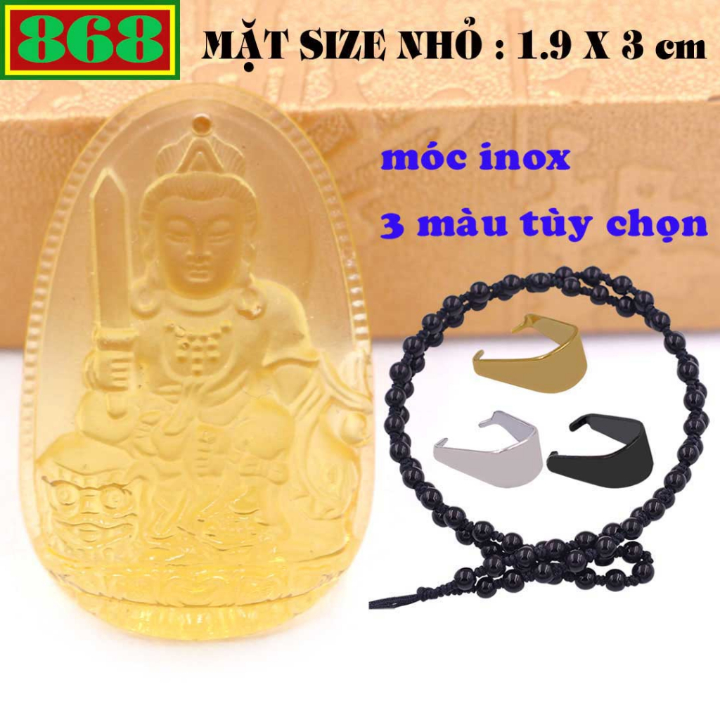 Mặt Phật Văn thù pha lê vàng 3 cm, 5 cm kèm vòng cổ hạt chuỗi đá đen + móc inox, Phật bản mệnh, mặt dây chuyền