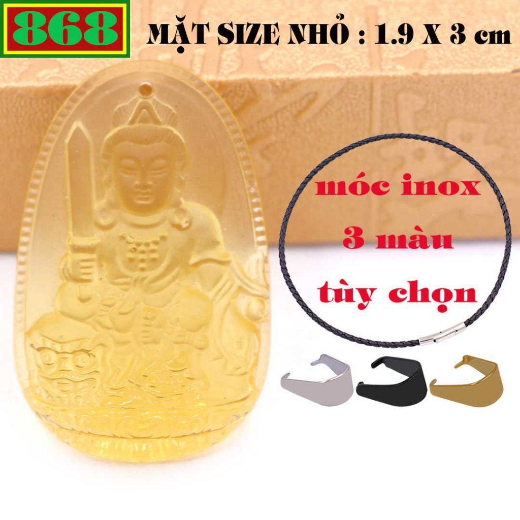 Mặt Phật Văn thù pha lê vàng 3 cm, 5 cm kèm vòng cổ dây da đen + móc inox, Phật bản mệnh, mặt dây chuyền