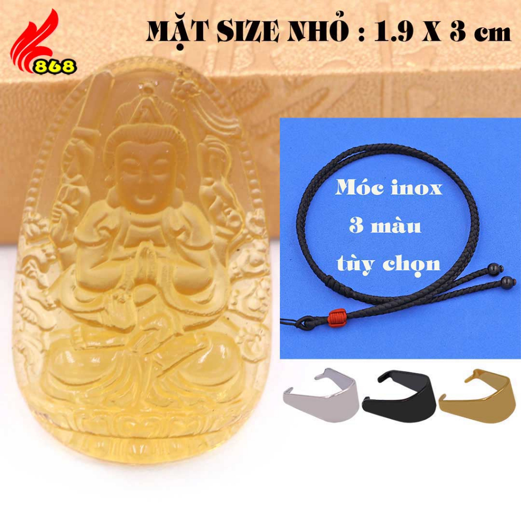 Mặt Phật Quan âm nghìn tay nghìn mắt pha lê vàng 3 cm, 5 cm kèm vòng cổ dây dù đen + móc inox, Mặt Phật Quan âm