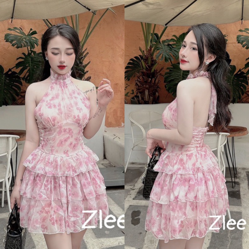 Váy tơ hoa cổ yếm chun lưng xoè tầng (Ảnh thật)