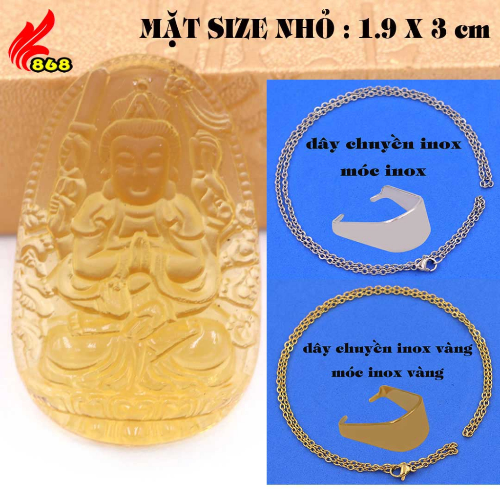 Mặt Phật Quan âm nghìn tay nghìn mắt pha lê vàng 3 cm, 5 cm kèm vòng cổ dây chuyền inox + móc inox, Mặt Phật Quan âm