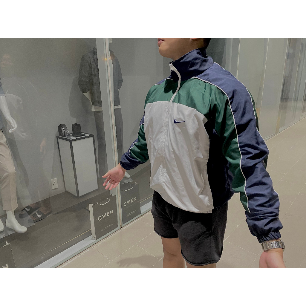 Áo Khoác Jacket Nike Vintage Xanh Viền Trắng Nam Nữ Vải Dù 2 Lớp Cao Cấp LBSAR