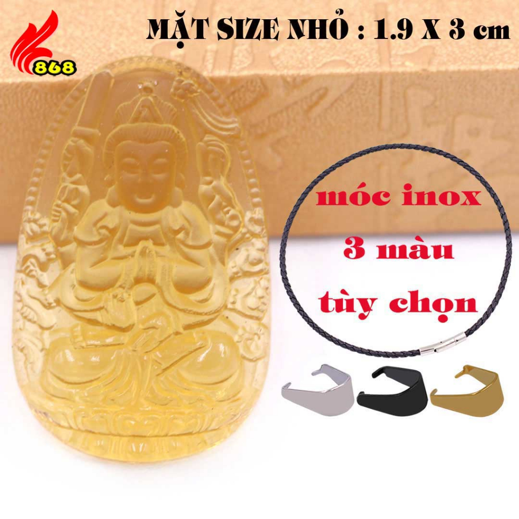 Mặt Phật Quan âm nghìn tay nghìn mắt pha lê vàng 3 cm, 5 cm kèm vòng cổ dây da đen + móc inox, Mặt Phật Quan âm