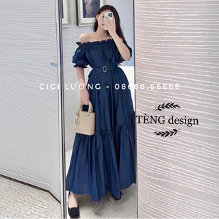 Váy suông trễ vai tay bồng dáng dài, kèm đai điều chỉnh
