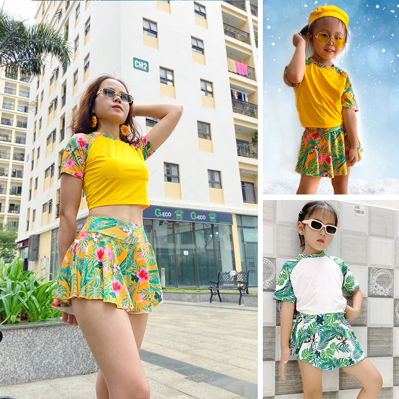 Đồ bơi bé, mẹ thanh lịch tươi trẻ với Áo + Nón + Chân váy