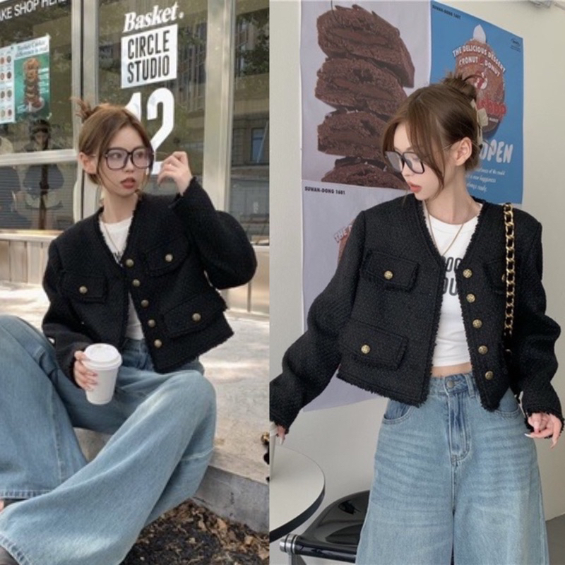 Áo khoác dạ tweed đen dáng ngắn basic công sở thanh lịch sang chảnh Yannie